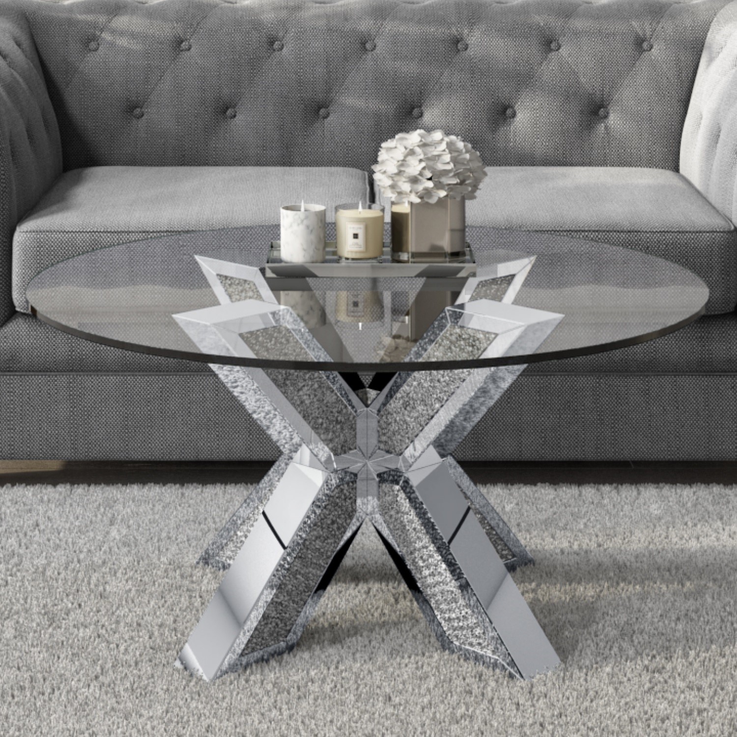Round Coffee Table with Glass Top and Silver Glitter Base  Jade Boutique