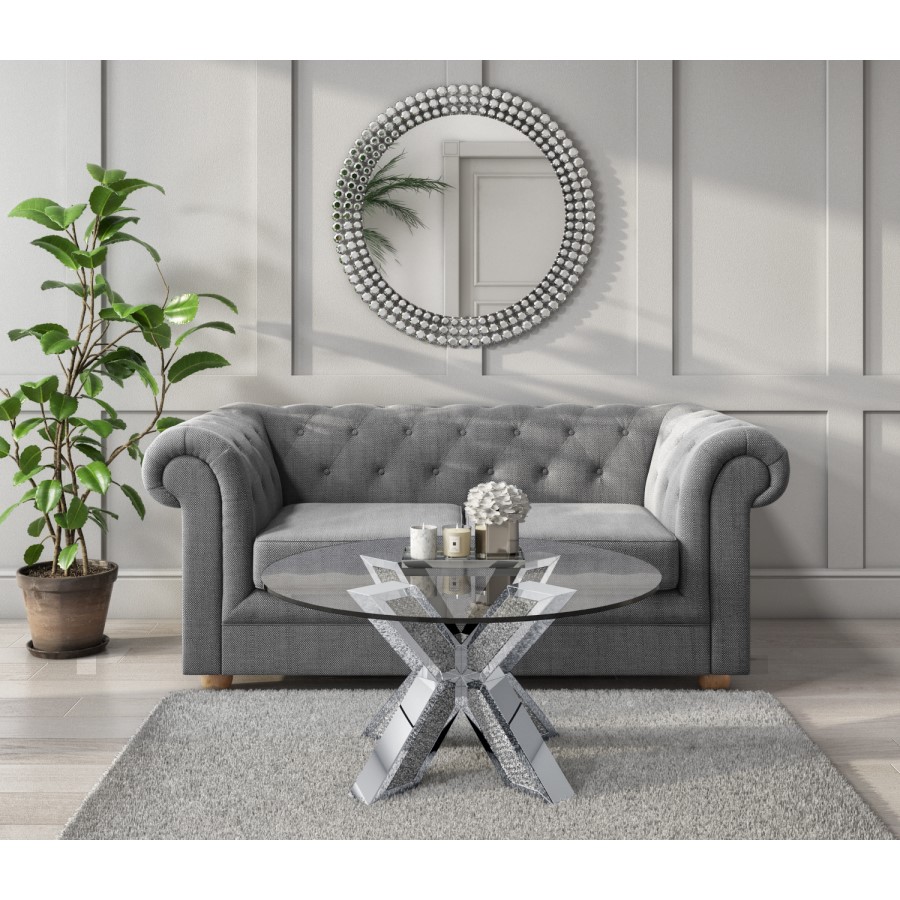 GRADE A1 - Round Coffee Table with Glass Top and Silver Glitter Base - Jade Boutique