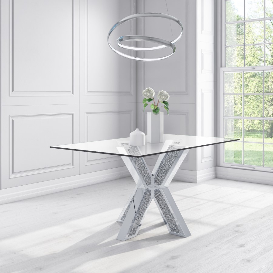 GRADE A1 - Glass Top Rectangle Mirrored and Glitter Dining Table - Seats 6 - Jade Boutique