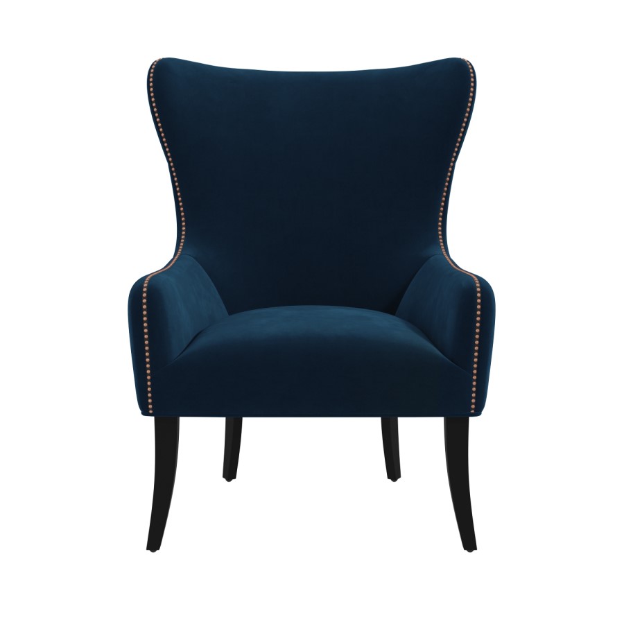 GRADE A2 - Navy Blue Velvet Armchair with Black Legs and Brass Studs - Jade Boutique