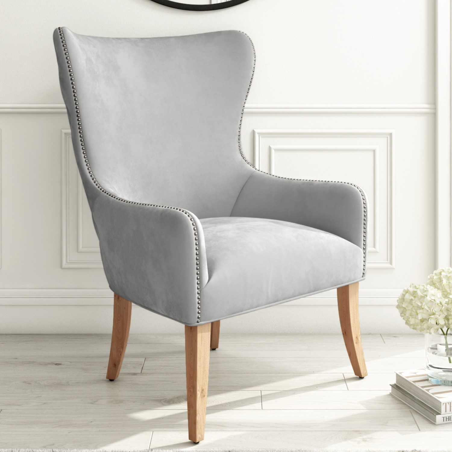 Silver Grey Velvet Armchair with Oak Legs and Chrome Studs  Jade Boutique
