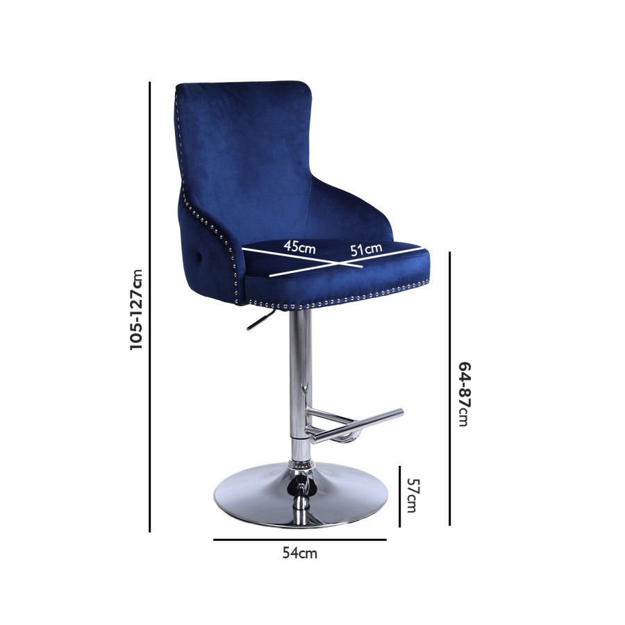 GRADE A1 - Navy Blue Velvet Button Bar Stool with Swivel Base - Jade Boutique