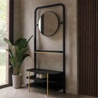 Black Eucalyptus Wood Hall Tree with Mirror and Shoe Rack - Joana