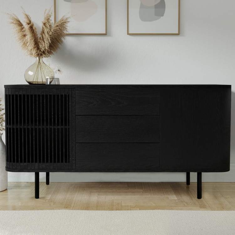 ALMOST PERFECT - Large Black Curved Wooden Sideboard with Drawers - Jarel