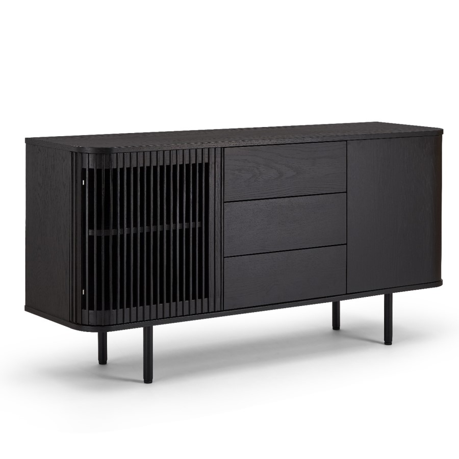 Large Black Curved Wooden Sideboard with Drawers - Jarel