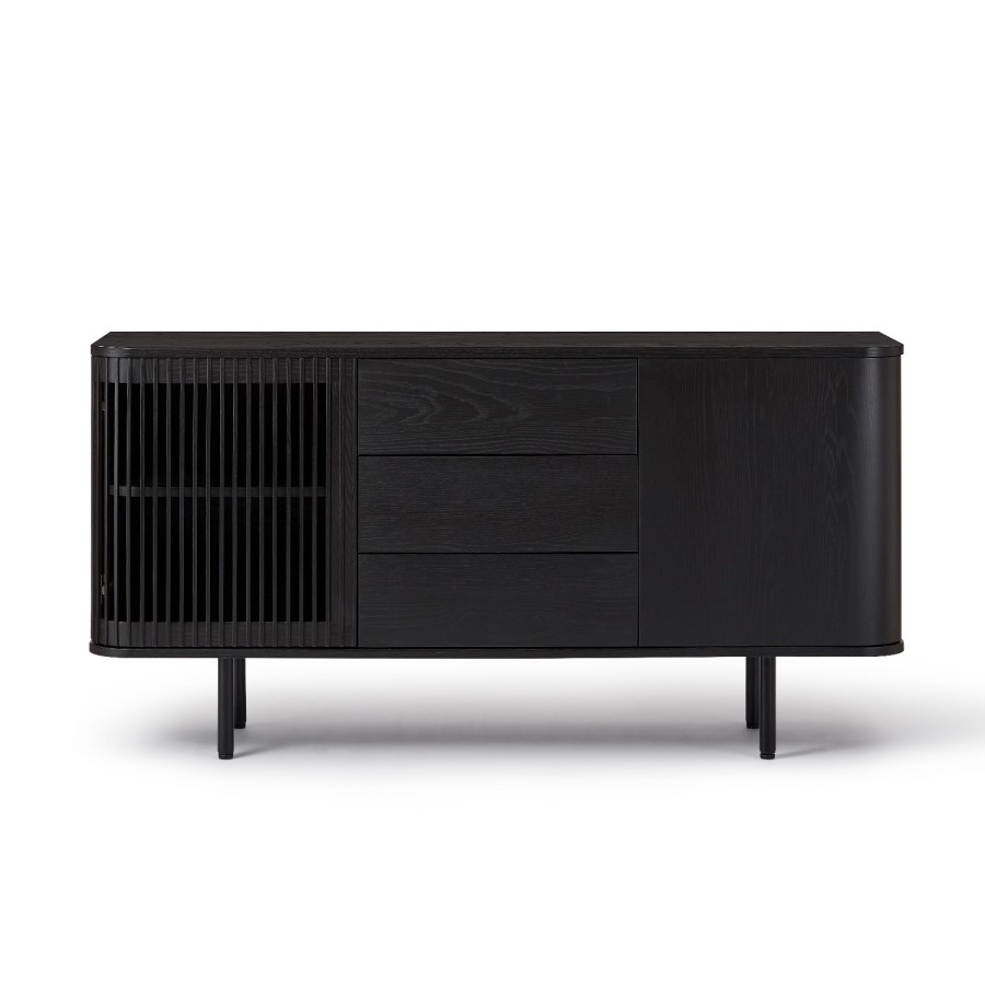 Large Black Curved Wooden Sideboard with Drawers - Jarel