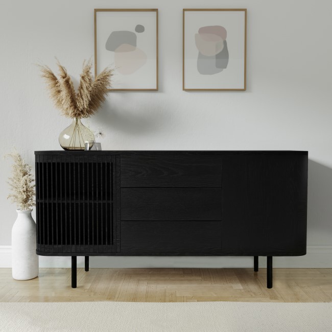 ALMOST PERFECT - Large Black Curved Wooden Sideboard with Drawers - Jarel