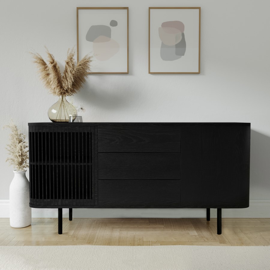 Large Black Curved Wooden Sideboard with Drawers - Jarel