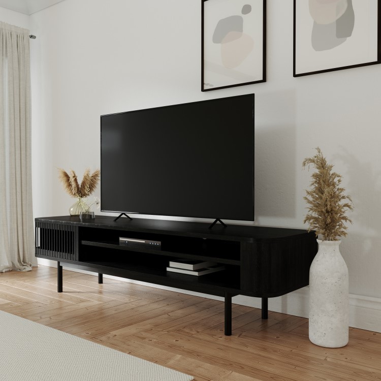 GRADE A2 - Wide Black Oak TV Stand with Storage - TV's up to 77" - Jarel