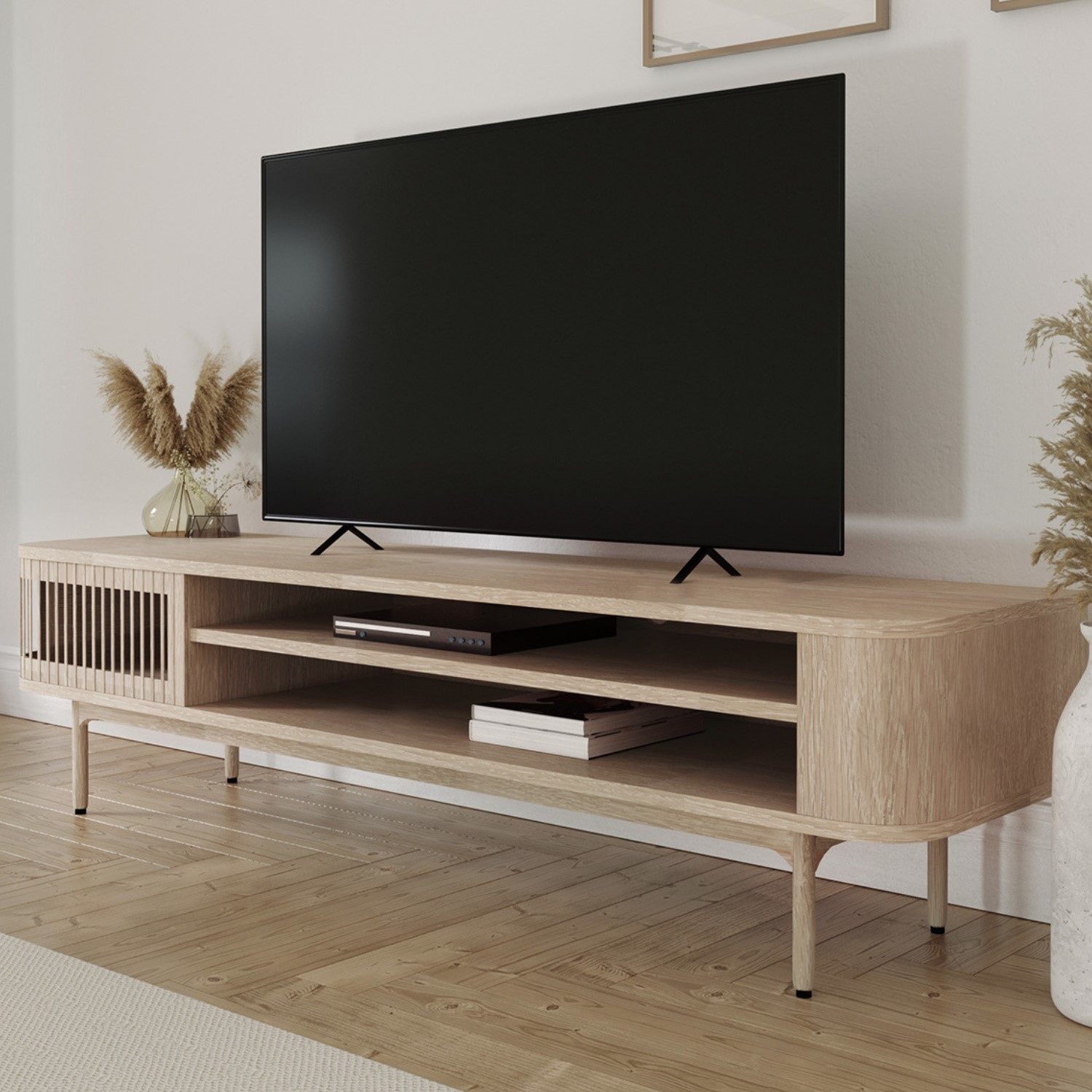 Photo of Wide light oak tv stand with storage - tvs up to 77 - jarel