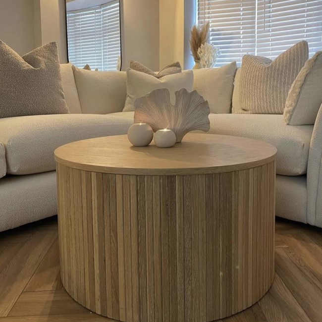 Round Oak Coffee Table with Storage - Jarel