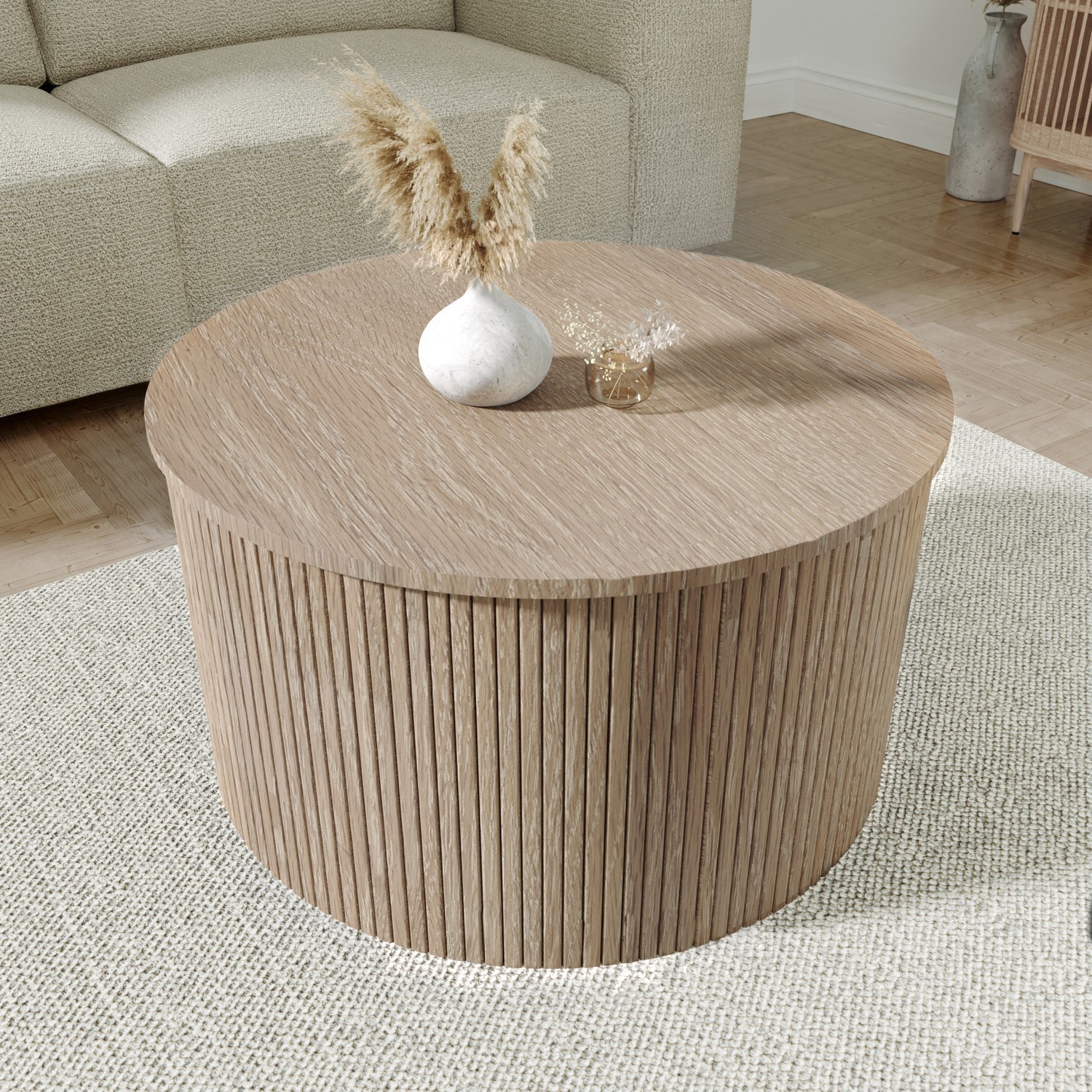 GRADE A2 - Small Round Light Oak Ottoman Storage Coffee Table - Jarel ...
