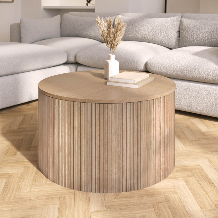 Round Oak Coffee Table with Storage - Jarel