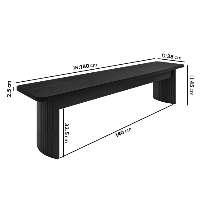 Large Black Oak Dining Bench with Fluted Legs  -  180cm  -  Seats 3  -  Jarel