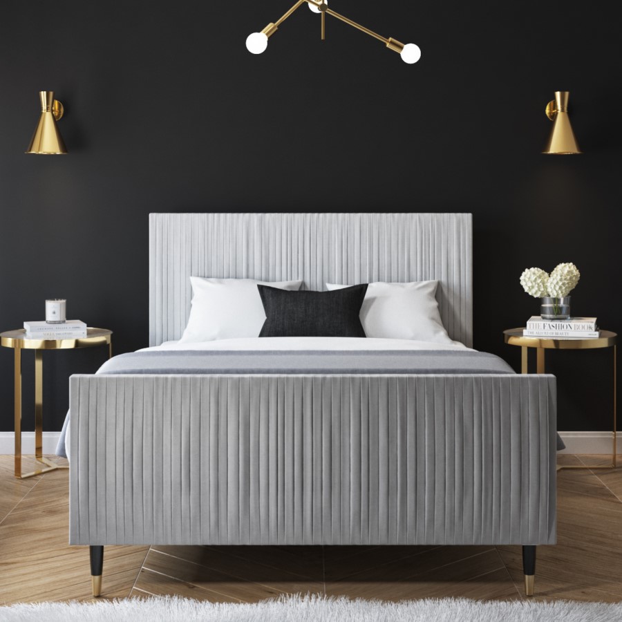GRADE A1 - Jasmine Double Bed Frame in Silver Grey Pleated Velvet