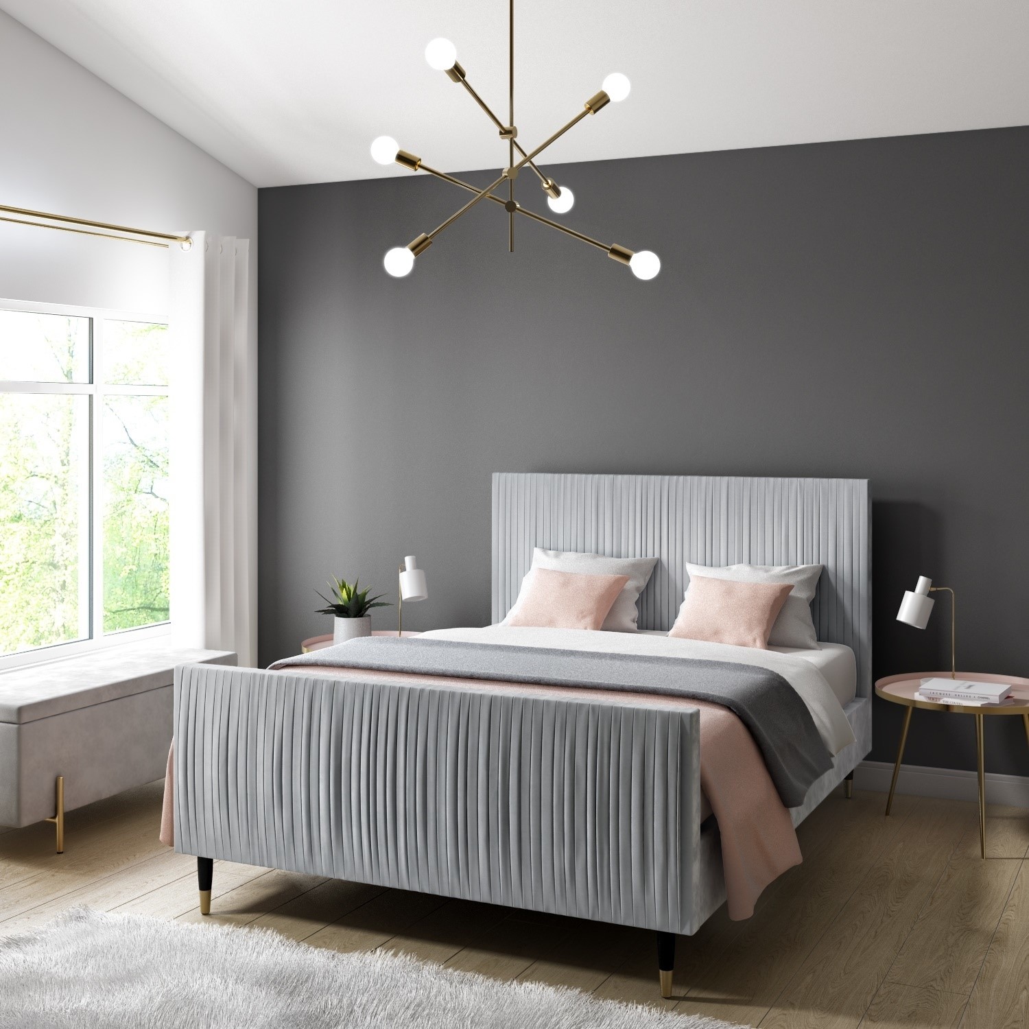 Grey Pleated Velvet Double Bed Frame, Single Bed Frame Size