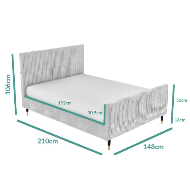 Mid-Century Modern Double Bed Frame in Light Grey Velvet - Jasmine