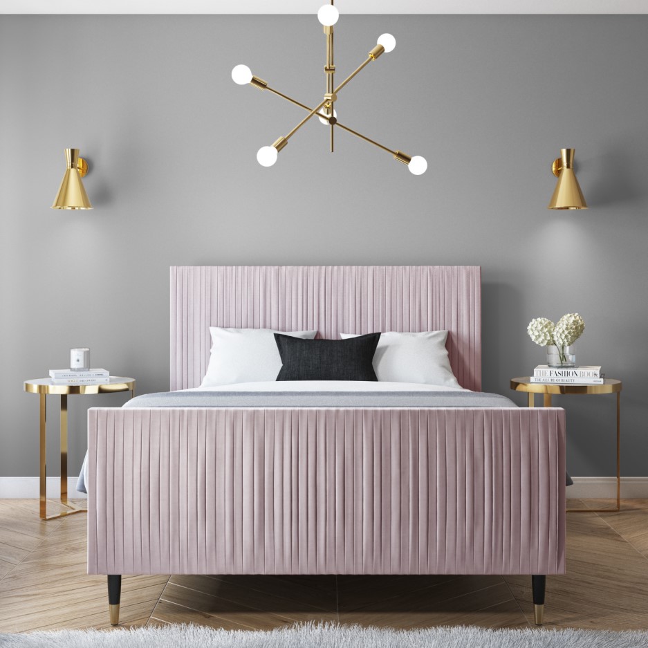 Jasmine Double Bed Frame in Baby Pink Pleated Velvet | Furniture123