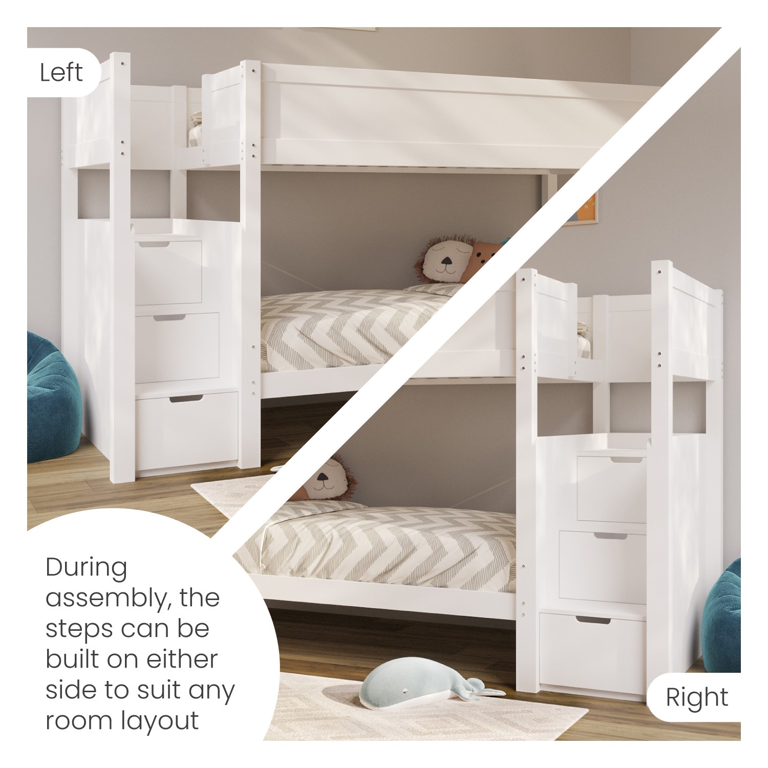 KOTEK House Bunk Bed Twin Over Full, Solid Wood Low Bunk Bed Frame With Built-in Ladder & Safety Guardrails, Floor Bunk Beds Detachable Into 2 Beds For Kids Teens (White