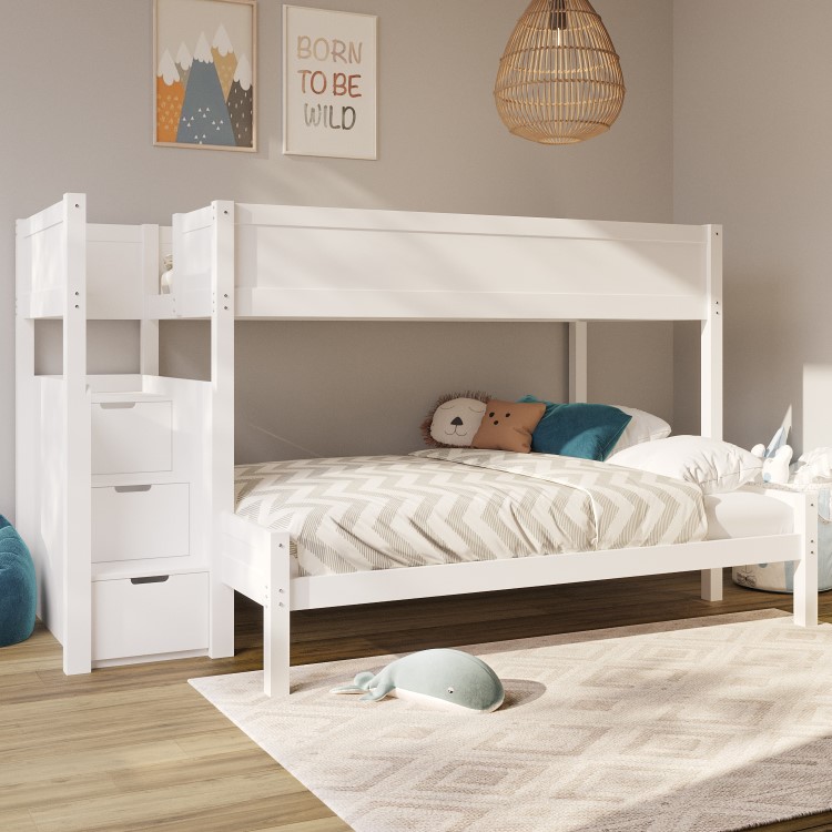 Triple Bunk Bed with Stairs and Storage in White - Jaycee