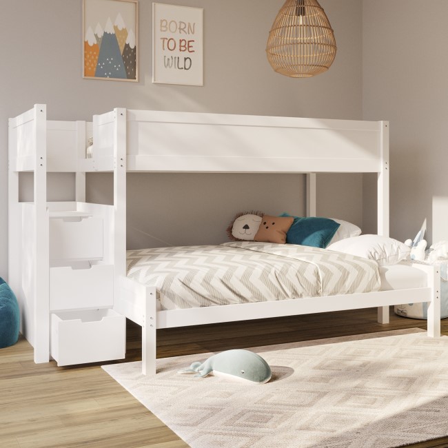 Triple Bunk Bed with Stairs and Storage in White - Jaycee