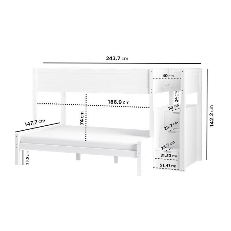 Triple Bunk Bed with Stairs and Storage in White - Jaycee