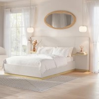 Cream Fabric Double Ottoman Bed with Wide Headboard and Floating Bedside Tables - Jacques