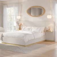 ONLY OPENED - Cream Upholstered King Size Ottoman Bed with Wide Headboard and Floating Bedside Tables - Jacques