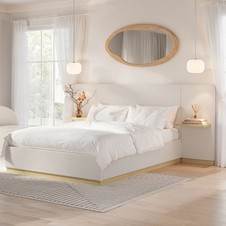 Cream Upholstered King Size Ottoman Bed with Wide Headboard and Floating Bedside Tables - Jacques