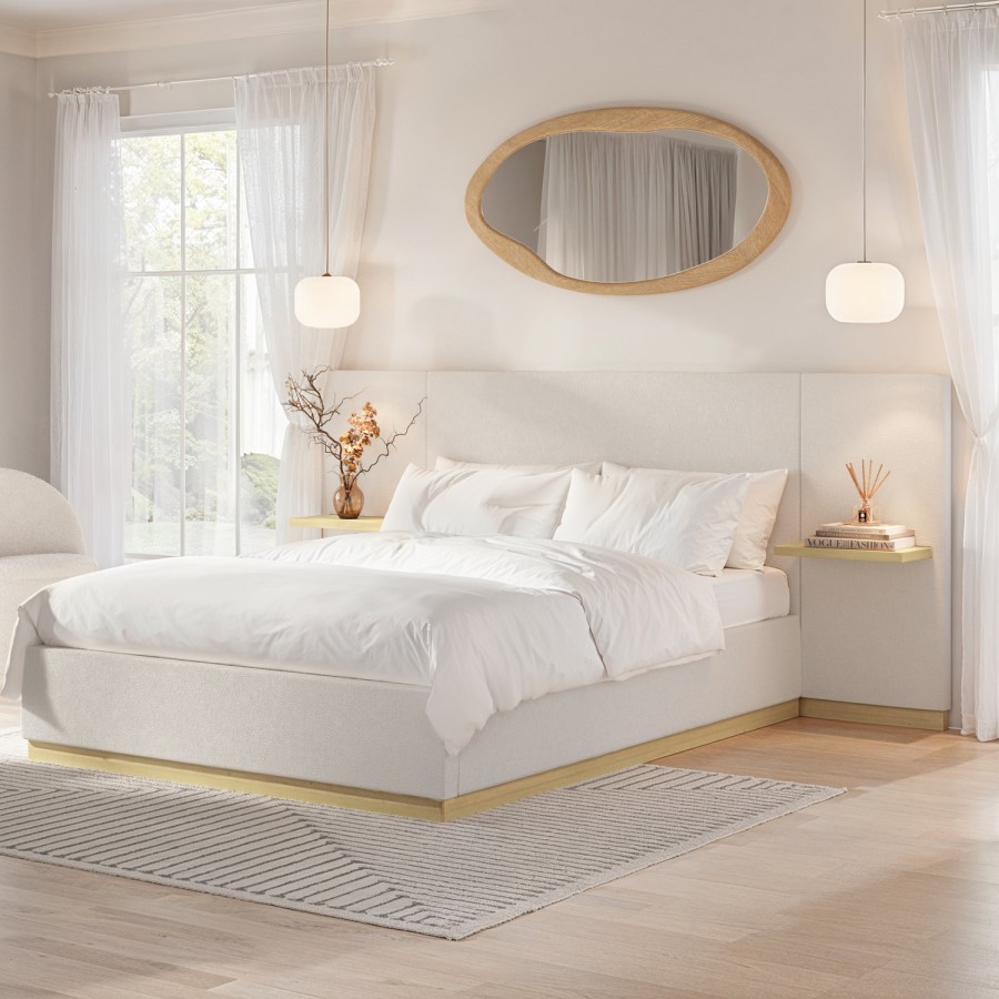 ONLY OPENED - Cream Upholstered King Size Ottoman Bed with Wide Headboard and Floating Bedside Tables - Jacques