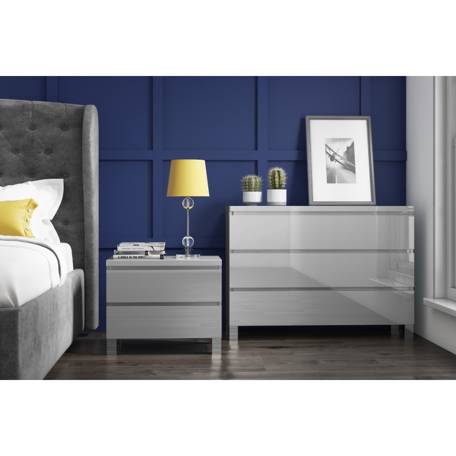 GRADE A1 - Jenson Grey High Gloss Bedside Table with 2 Drawers