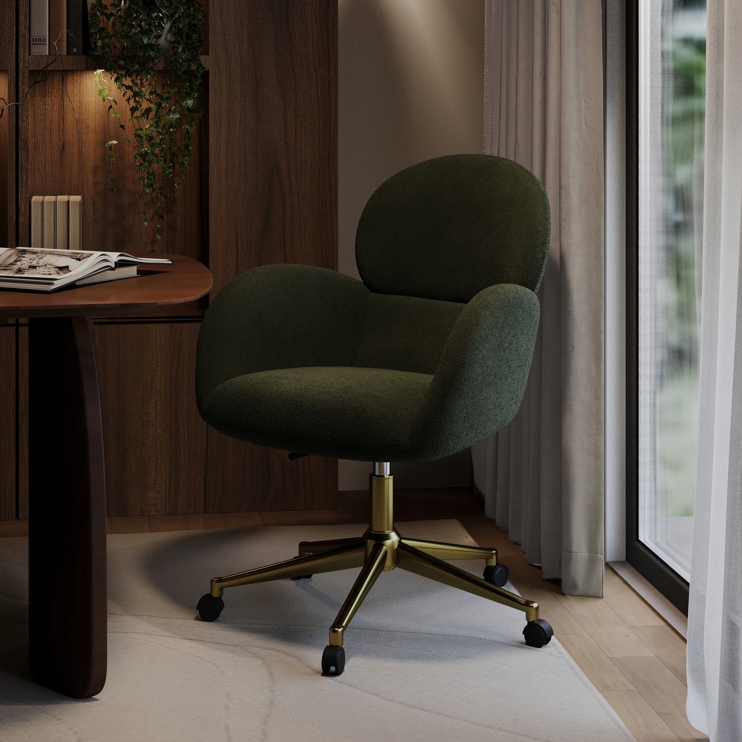 Dark Green Boucle Swivel Office Chair
