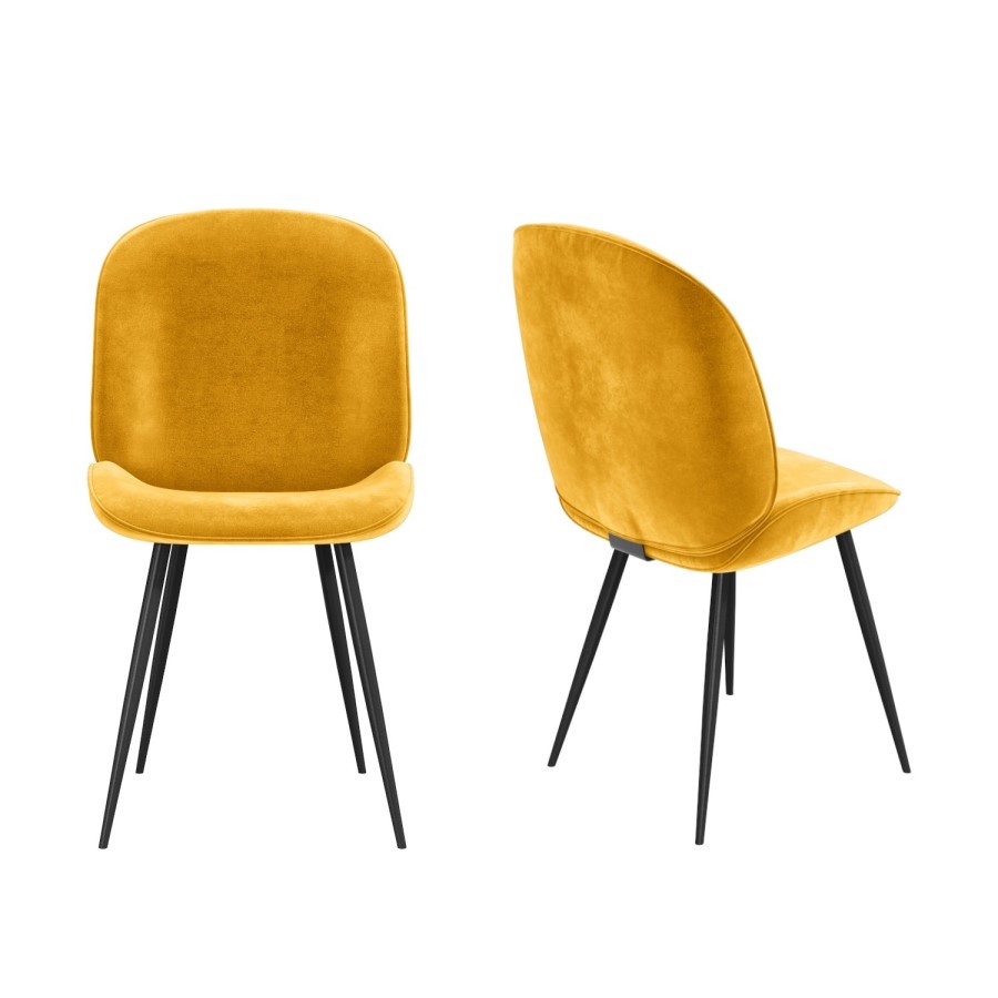 GRADE A1 - Set of 2 Mustard Yellow Velvet Dining Chairs with Black Legs - Jenna