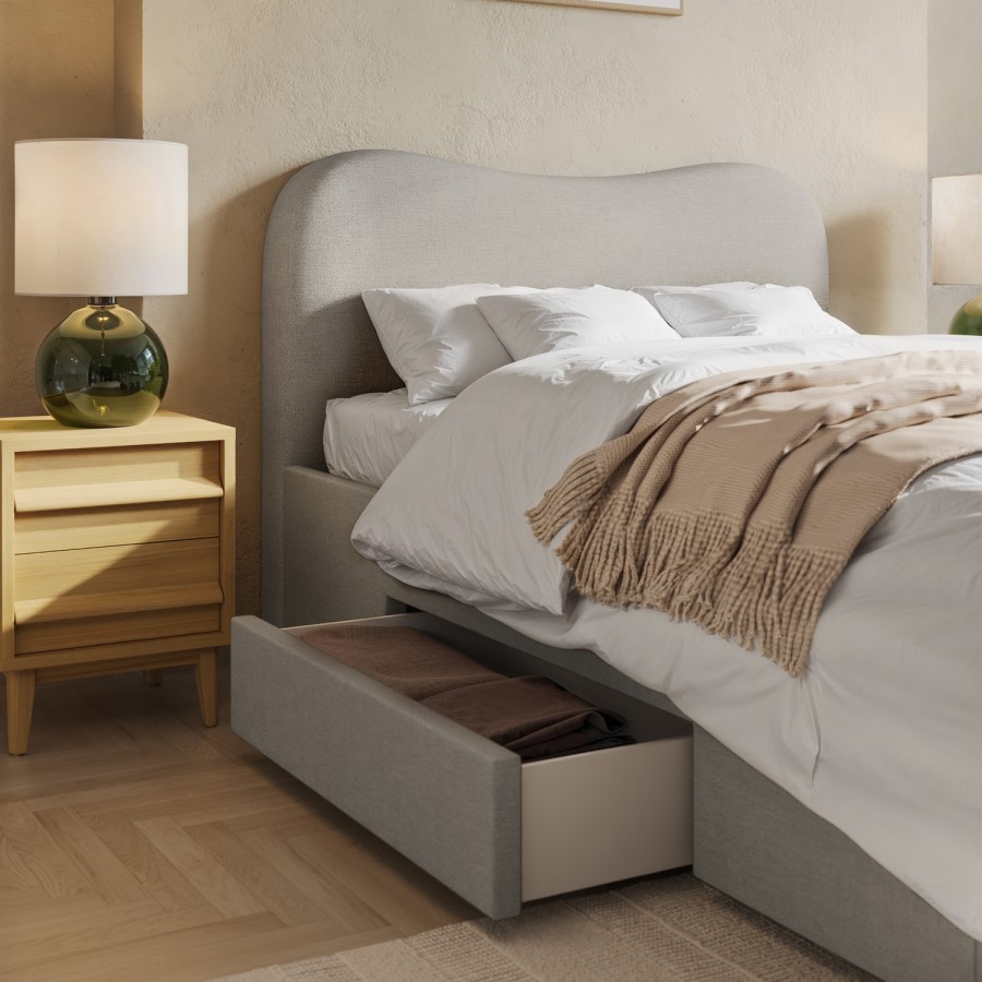 Grey Upholstered Double Bed Frame with Storage – Joanie