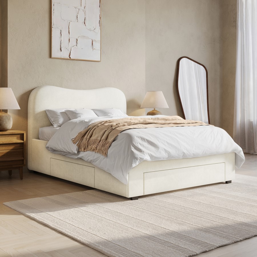 Cream Upholstered Double Bed Frame with Storage Drawers – Joanie