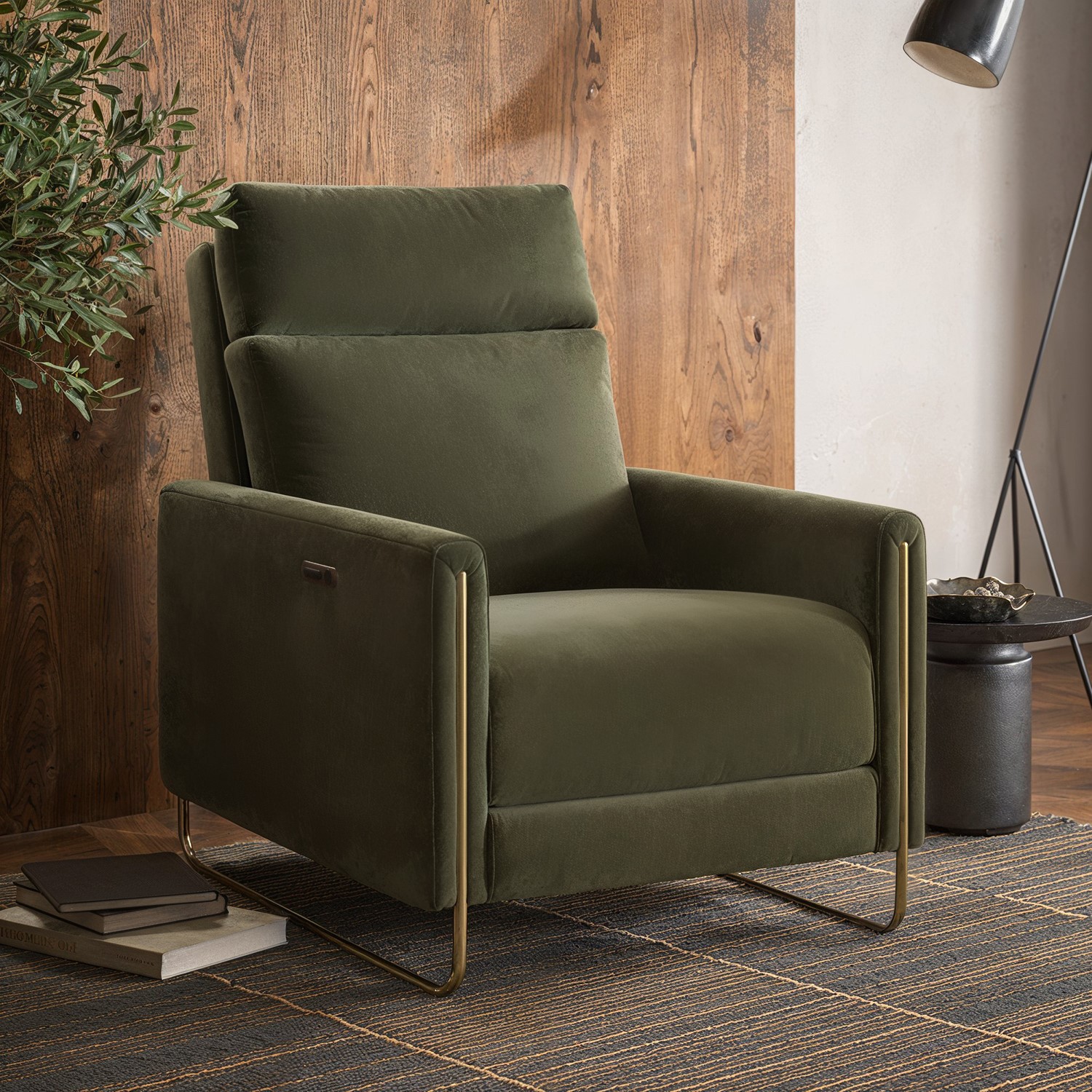 Olive Green Velvet Electric Recliner Chair USB