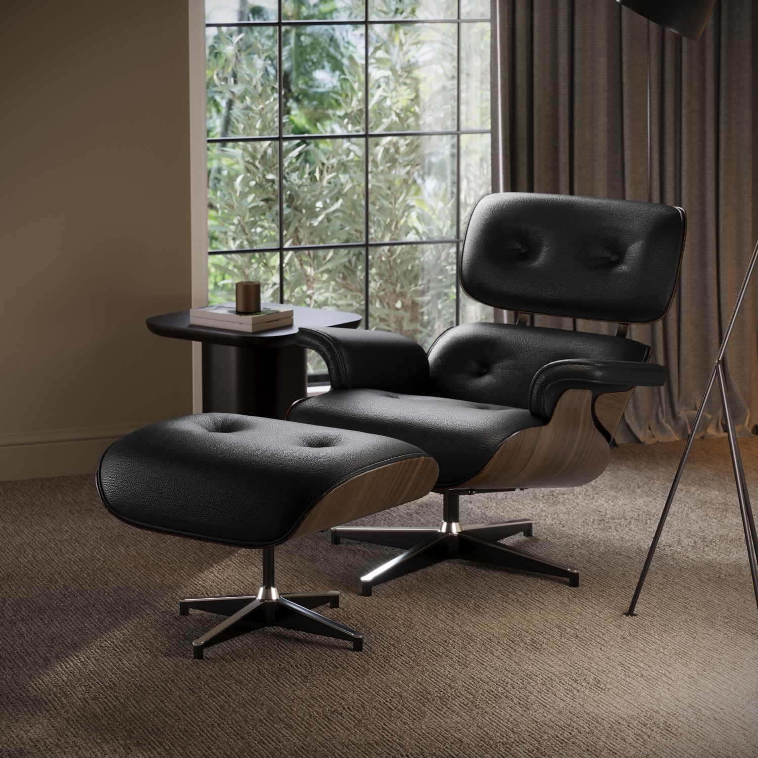Real Leather Walnut Lounge Chair Ottoman