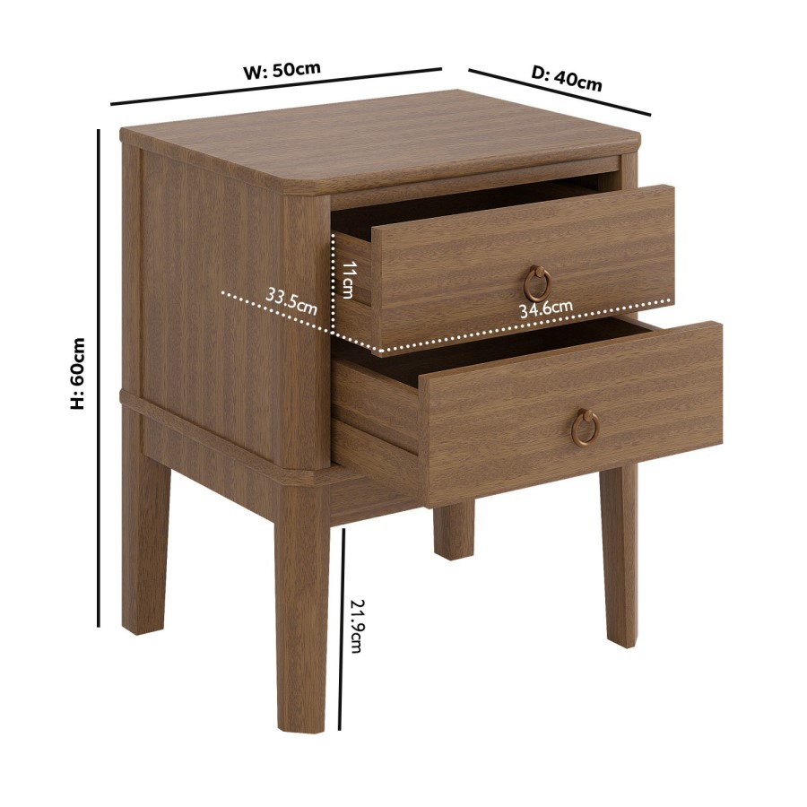 Solid Wood 2 Drawer Bedside Table - Josephine