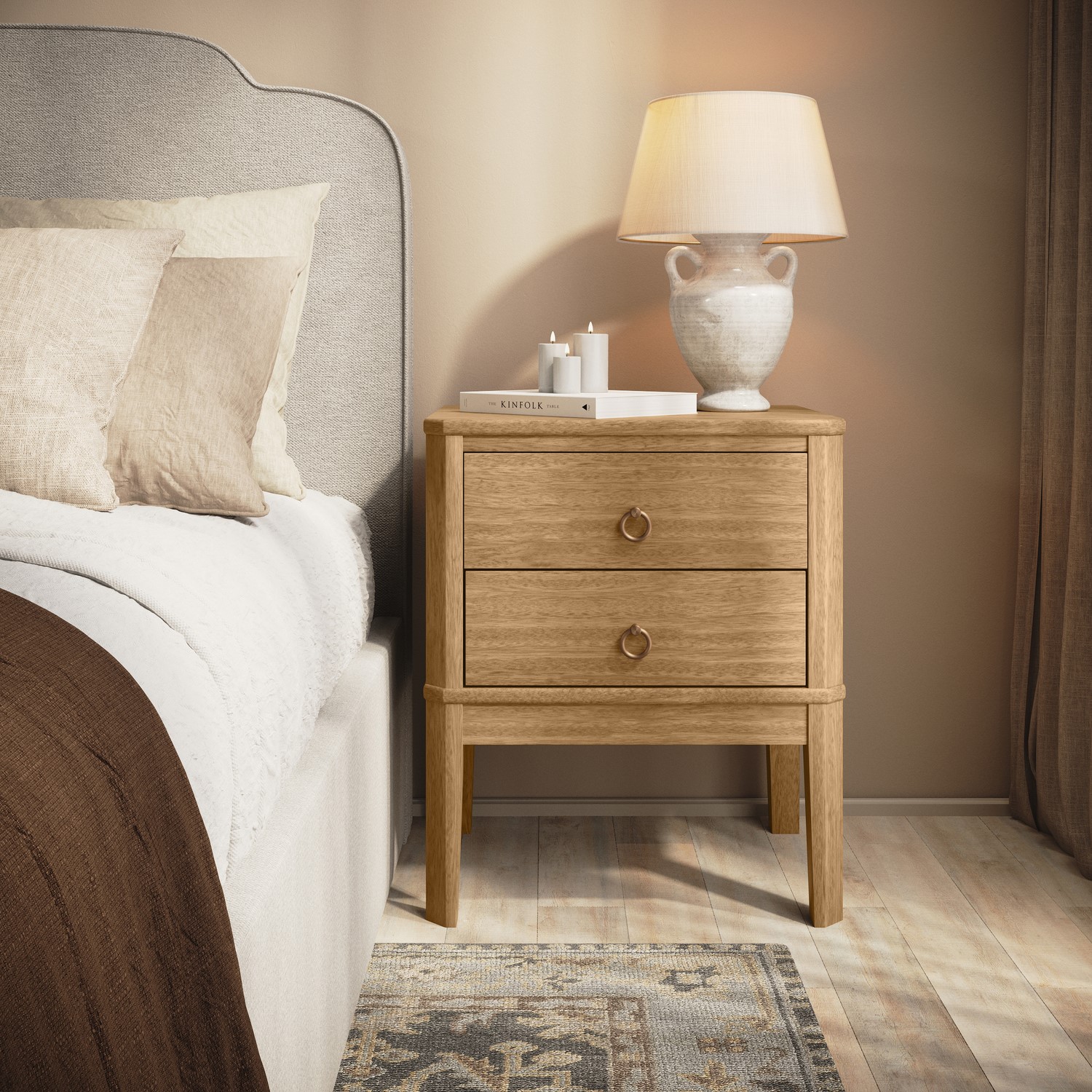 Solid Light Pine Wood 2 Drawer Bedside Table