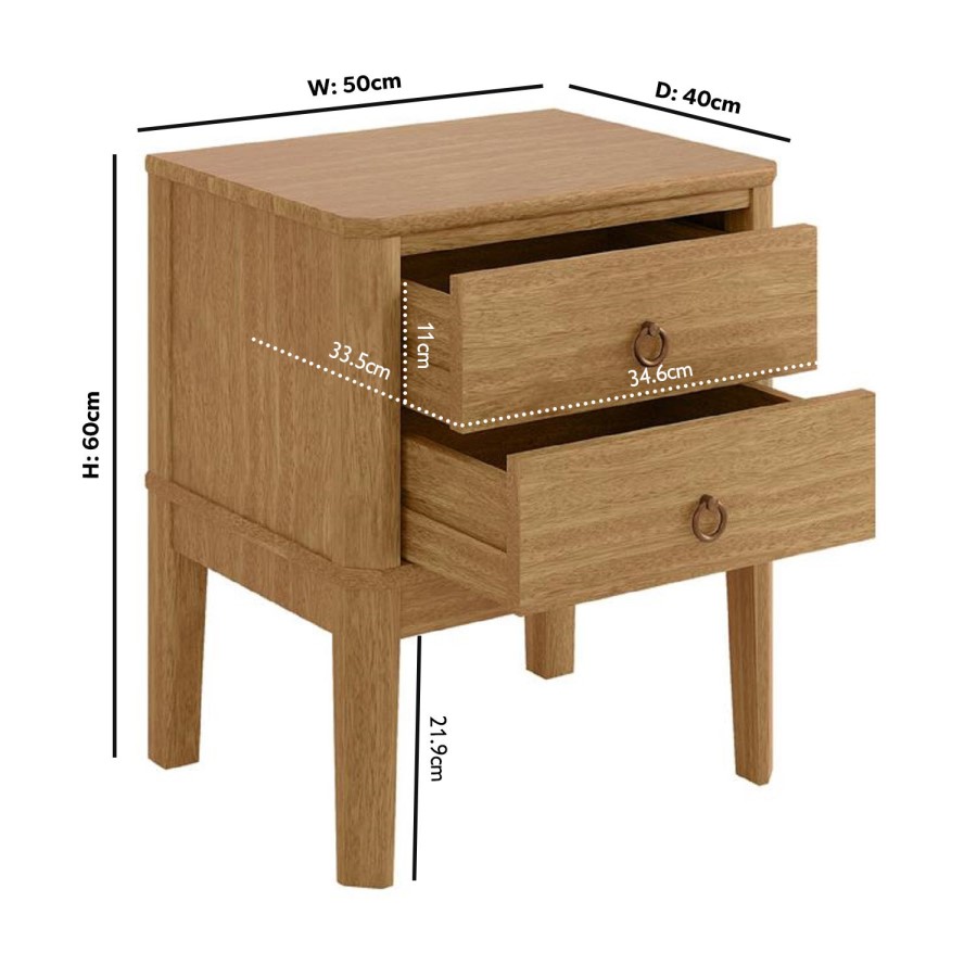 Solid Light Wood 2 Drawer Bedside Table - Josephine