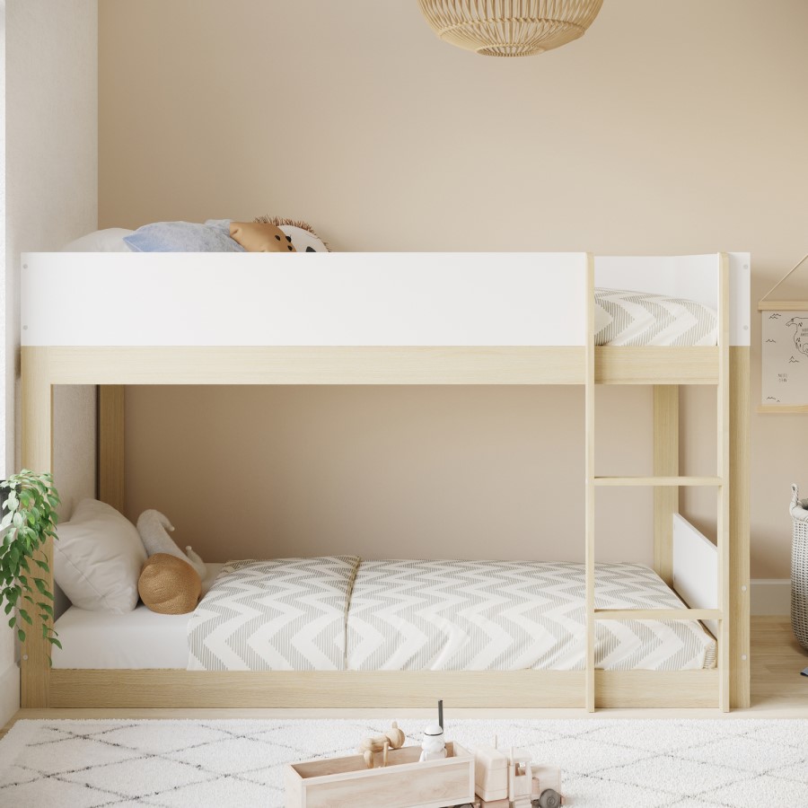 White and Oak Low Wooden Bunk Bed - Jesse