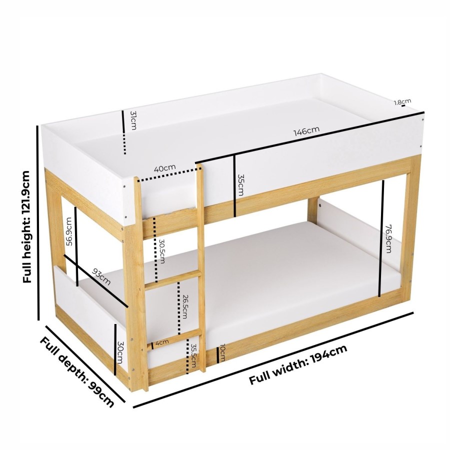 White and Oak Low Wooden Bunk Bed - Jesse
