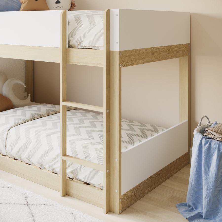 White and Oak Low Wooden Bunk Bed - Jesse
