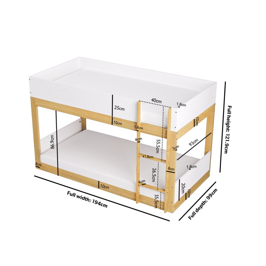 GRADE A1 - White and Oak Low Wooden Bunk Bed - Jesse