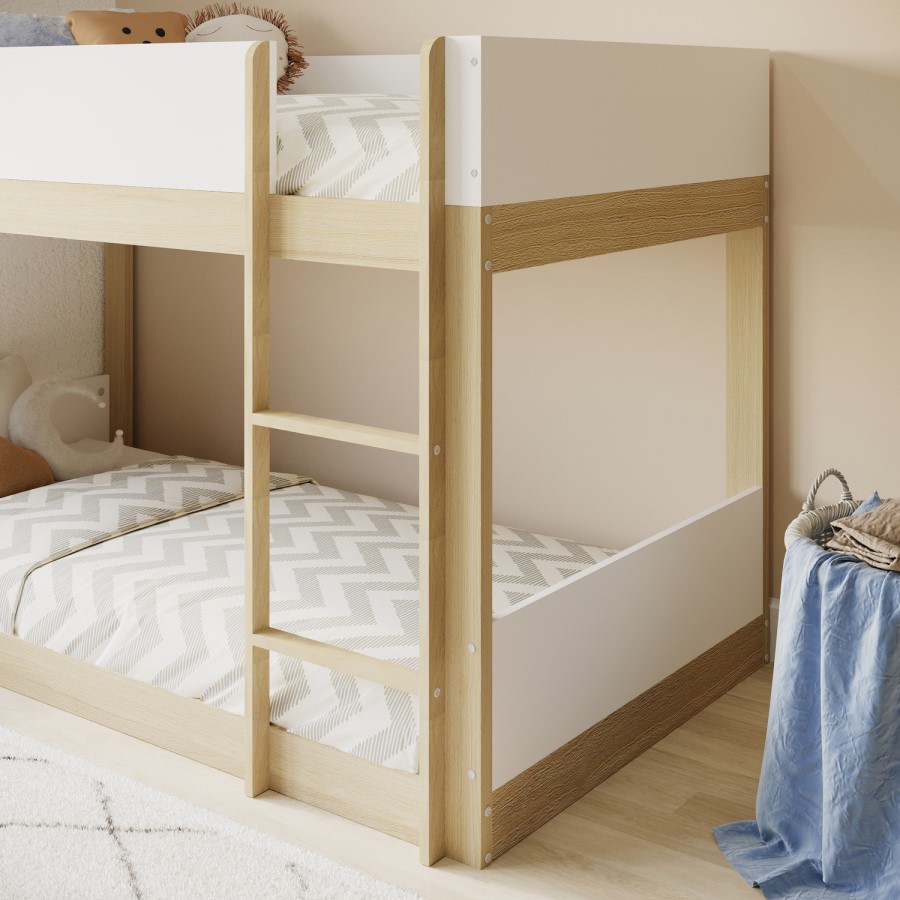 White and Oak Low Wooden Bunk Bed - Jesse
