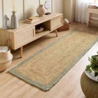 Natural Jute Runner Rug with Green Border - 200 x 67 cm - Origins