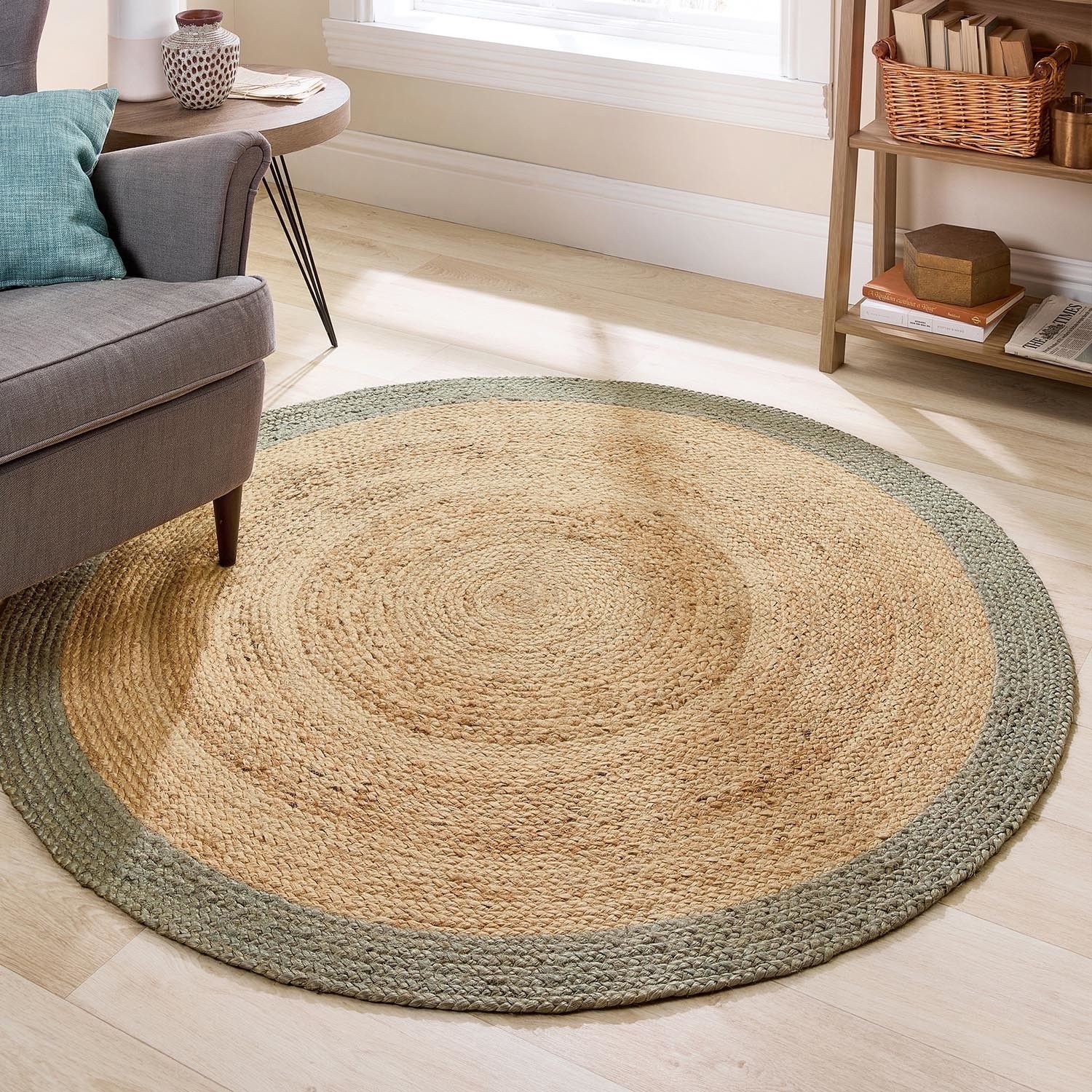 Natural Jute Round Rug with Green Border - 150 x 150 cm - Origins