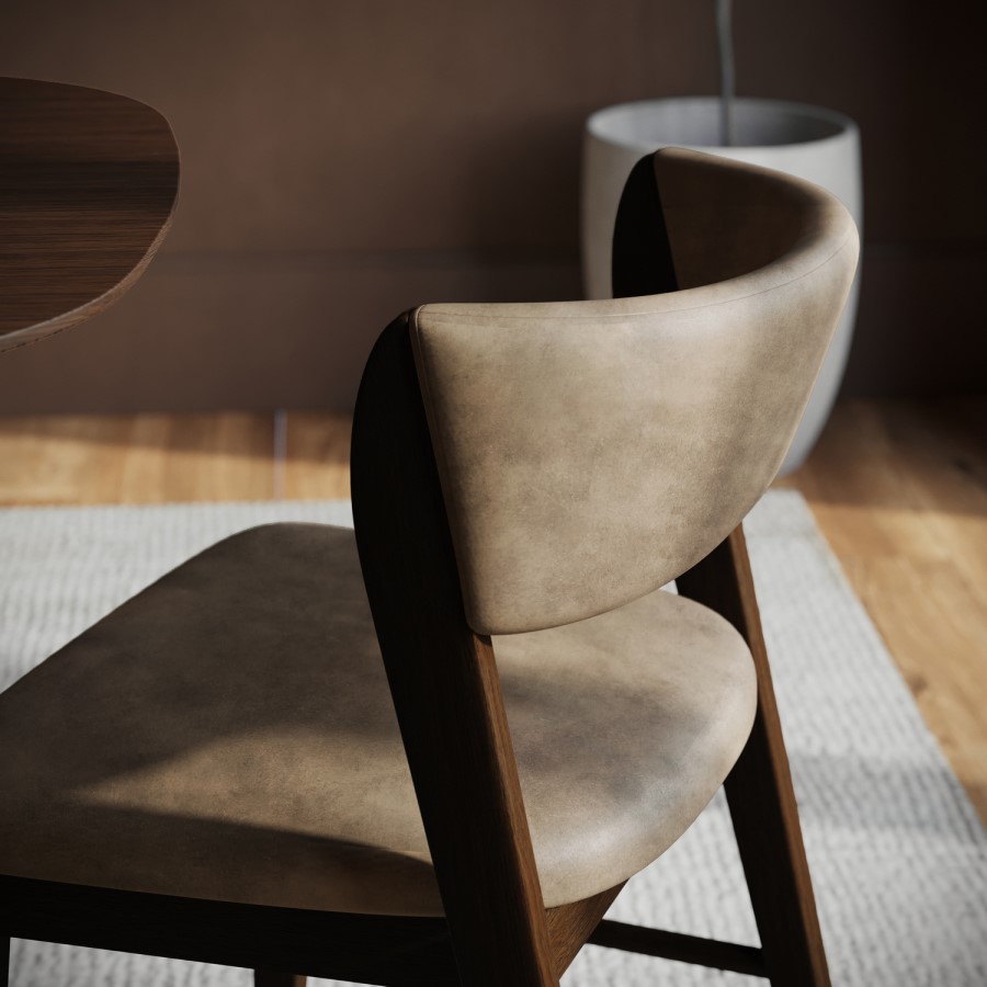 Set of 4 Beige PU Curved Back Wooden Dining Chairs with Walnut Finish Legs - June