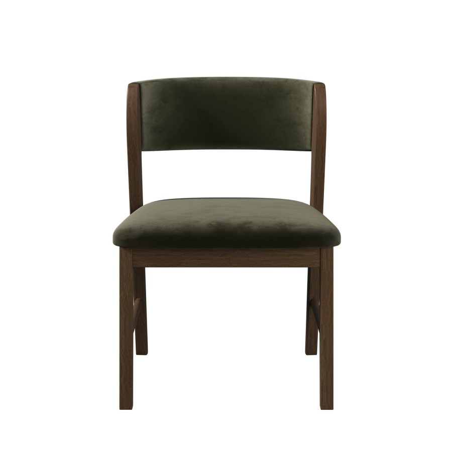 Set of 4 Green Velvet Curved Back Wooden Dining Chairs with Walnut Finish Legs - June