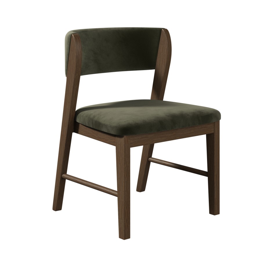 Set of 4 Green Velvet Curved Back Wooden Dining Chairs with Walnut Finish Legs - June